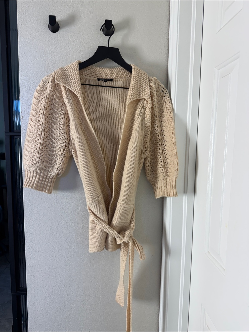 BCBGMaxAzria Cream / Ivory Chunky Open Knit Wrap Short Sleeve Sweater Small